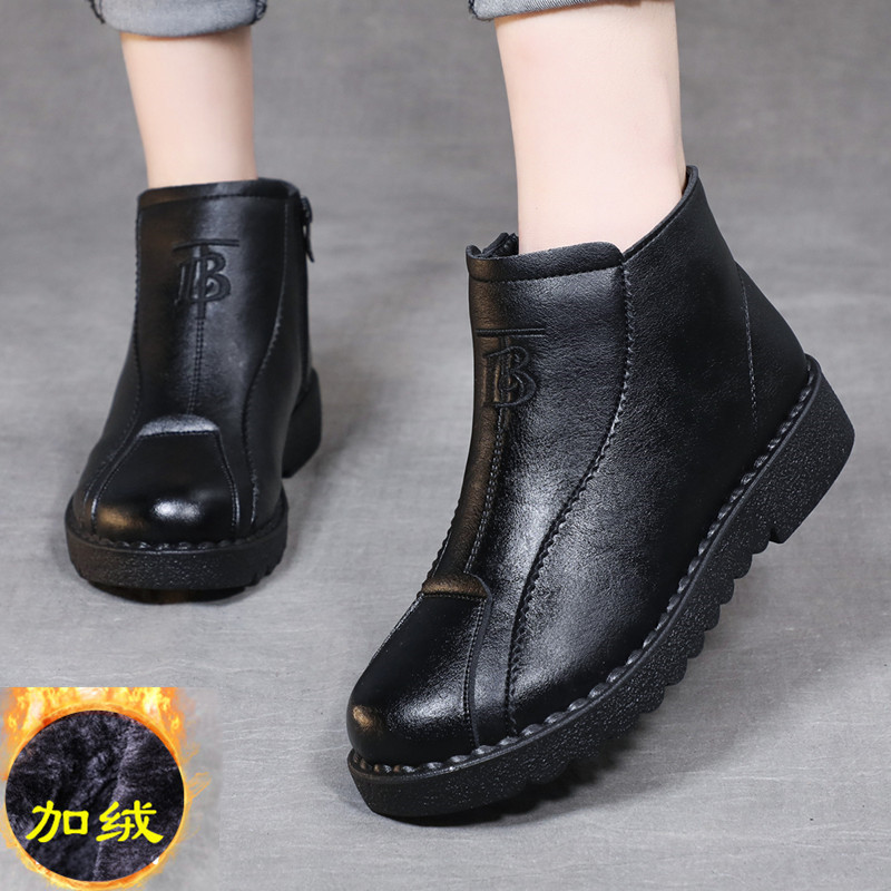 Black 531winter Mom shoes cotton-padded shoes Plush keep warm middle age Short boots Middle aged and elderly Women's Shoes the elderly Flat bottom Non slip soft sole leather shoes