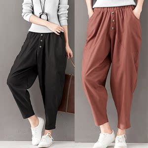 Văn học retro bông và vải lanh hậu cung quần nữ mùa hè lỏng kích thước lớn quần âu chất béo MM eo đàn hồi chân rộng linen chín quần