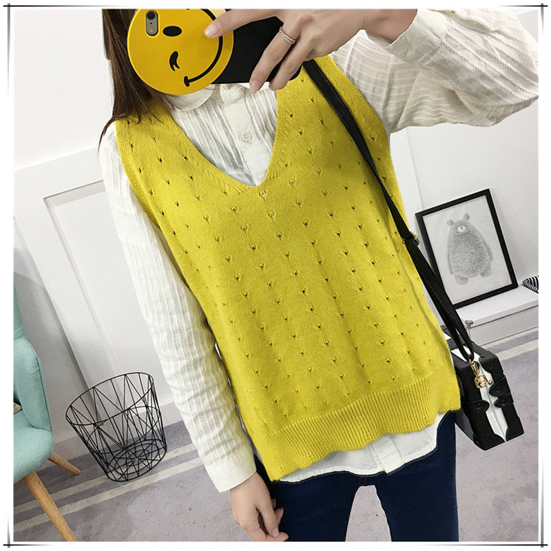 2017春装毛衣背心女 毛线马甲无袖针织衫v领镂空宽松短款打底衫潮针织
