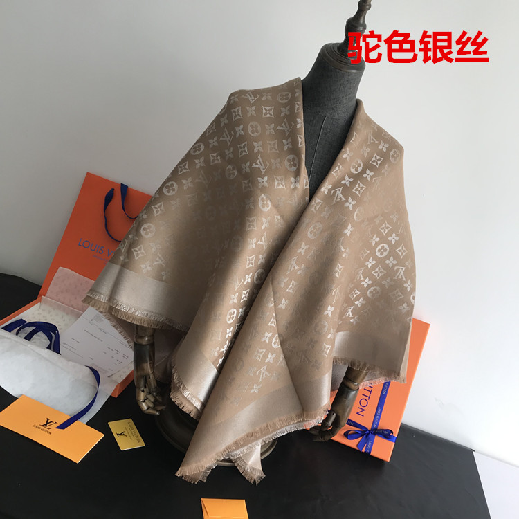 Camel SilverStar of the same style Classic style Denim blue Large square towel Versatile scarf Autumn and winter wool real silk Shawl two-sided Silk scarf female