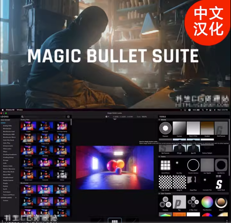 Win中文汉化 MBS2023.2.1 – 红巨人降噪磨皮美颜调色套装 AE/PR插件 Magic Bullet (Colorista/Cosmo II/Film/Looks/Mojo II/Denoiser III/Renoiser)-天天素材网