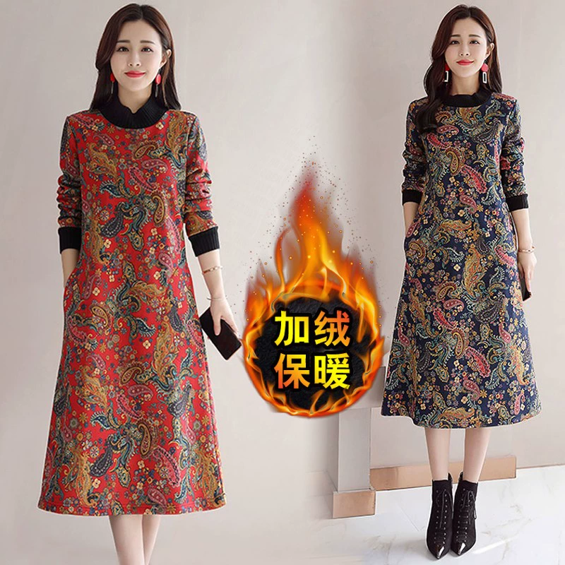 Mùa thu và mùa đông retro phong cách dân tộc cotton và vải lanh in trang phục cộng với kích thước của phụ nữ rộng và mỏng cộng với nhung dày đáy váy dài - Váy dài