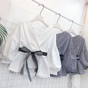 Xuân 2018 mới của phụ nữ Hàn Quốc V-cổ eo dài tay áo sơ mi tay áo nơ trắng áo sơ mi trắng - Áo sơ mi dài tay