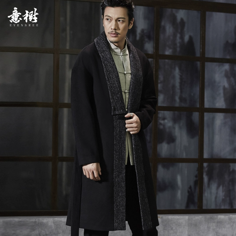 Ý cây phong cách Trung Quốc áo len nam trung dài thời trang vải len dày thanh niên áo khoác Trung Quốc Hanfu cổ áo khoác - Áo len