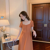 Элегантное ретро оранжевое платье, длинная летняя юбка, французский стиль, квадратный вырез, средней длины
