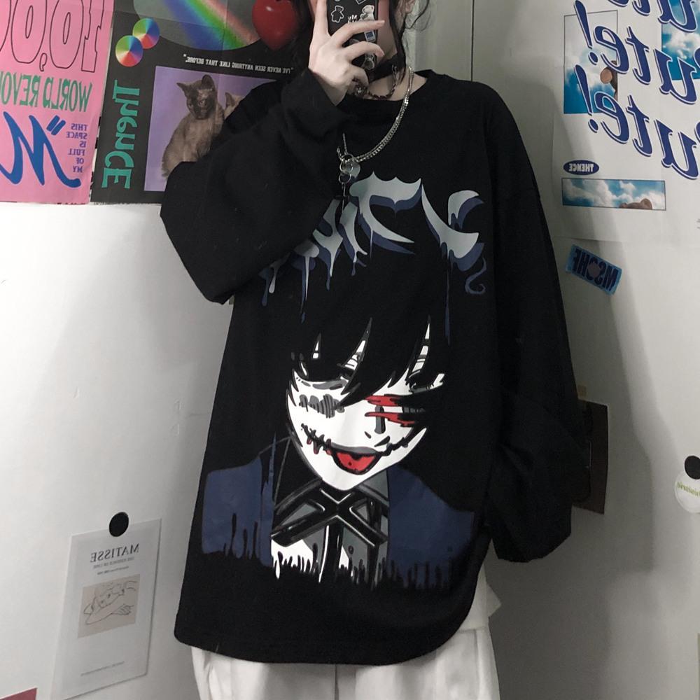 BlackHarajuku Long sleeve T-shirt female tide ins Superfire Chaopai dark quadratic element comic printing easy leisure time jacket autumn