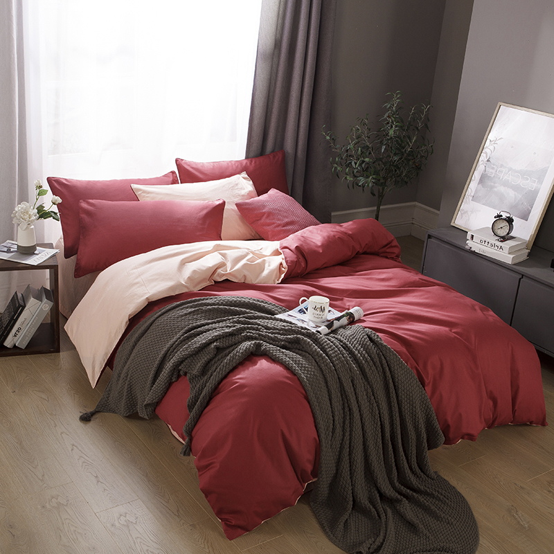 Wine Red + Jadeviolet Cotton pure cotton Solid color Four piece suit bedding article sheet Quilt cover monochrome Spring and Autumn sheets bedding summer