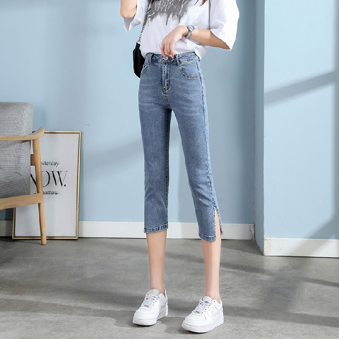 Blue [Capris]Straight pants female 2021 new pattern Hot money summer High waist Split Jeans Thin little chap Eight points Pipe pants