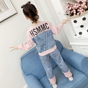 Cô gái mùa thu 2019 mới khâu denim thời trang thể thao nước ngoài hai mảnh thời trang dài tay trẻ em nữ - Phù hợp với trẻ em