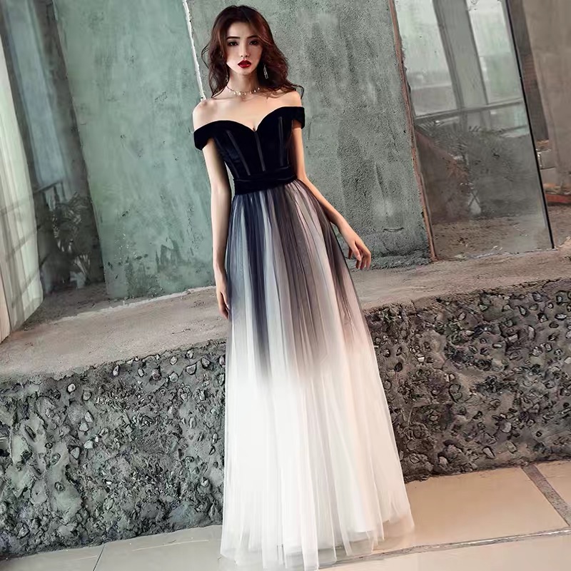 Black colored elegant long evening dress, 2021 collection, open shoulders