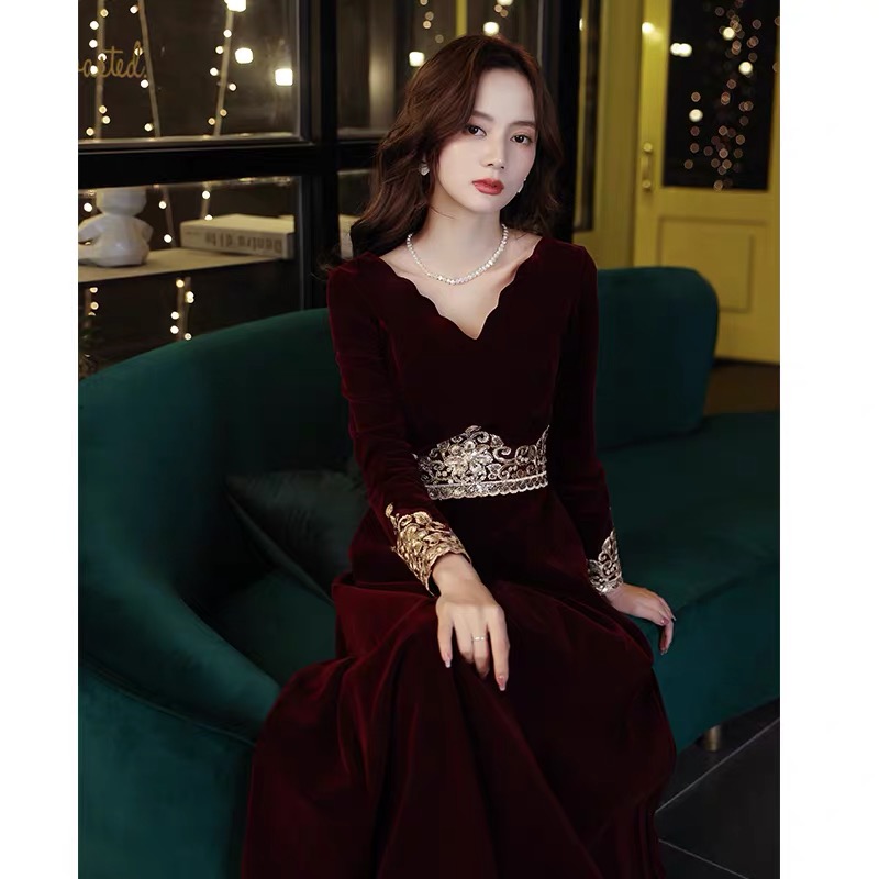 Burgundy evening dress, wedding dress, long sleeve, fitted