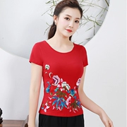 Áo thun nữ phong cách quốc gia có kích thước lớn Áo thun ngắn tay nữ Mùa hè mới kiểu Trung Quốc áo len cotton retro - Áo phông