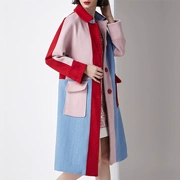 Áo khoác màu xanh Aegean, mùa thu và mùa đông, phong cách Hồng Kông, chỉ khâu màu đỏ và màu xanh, áo khoác len dài đơn ngực, quần áo của phụ nữ - Trung bình và dài Coat