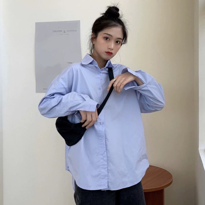 Phiên bản Hàn Quốc của áo sơ mi công cụ màu trơn cho phụ nữ áo sơ mi đáy dài tay dài rộng rãi 2021 áo sơ mi áo sơ mi trung thu mùa xuân và mùa thu - Áo sơ mi