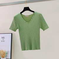 Летний трикотажный лонгслив, зеленый топ, тонкая футболка, коллекция 2021, V-образный вырез