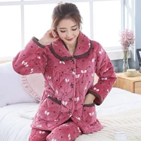 Đồ ngủ nữ mùa đông cá tính thời trang thủy triều cộng với cotton mùa đông nữ dày ba lớp cộng với nhung san hô nhung đồ ngủ đơn mảnh - Pyjama quần áo bông ấm áp