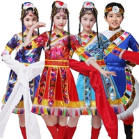 Quần áo dân tộc thiểu số Trẻ em Tây Tạng Trang phục mẫu giáo Tây Tạng cô gái nhảy quần áo Chàng trai Mông Cổ tay áo - Trang phục trang phục động vật cho trẻ em