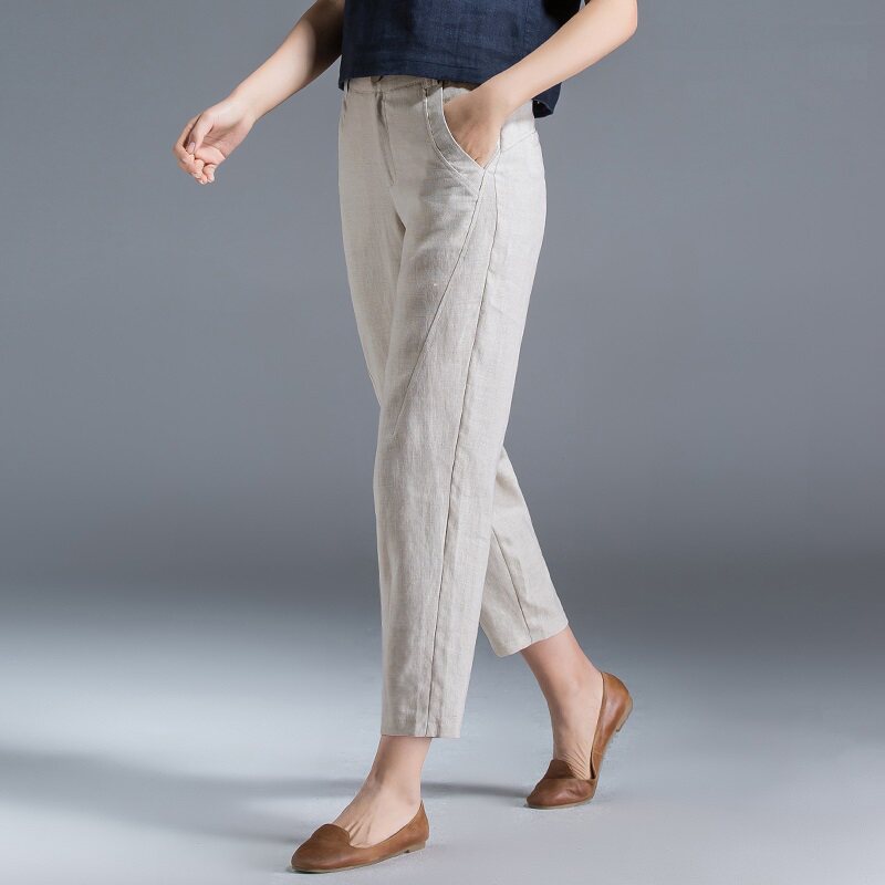 休闲棉麻裤女宽松九分裤新款哈伦裤亚麻裤子女萝卜裤