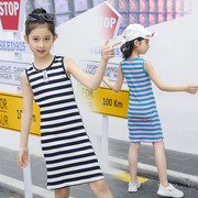Cô gái trong chiếc váy vest dài mùa hè mới 2018 Hàn Quốc phiên bản của sọc hoang dã không tay váy trẻ em váy dài thủy triều