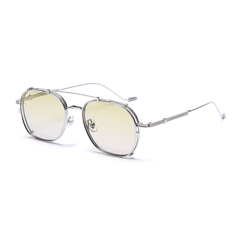 Silver Frame Gradual Green & Anti Blue Light LensKris Same Sun glasses male Metal Retro myopia Sunglasses female tide Street shot Polarized light Clip double-deck Internet celebrity