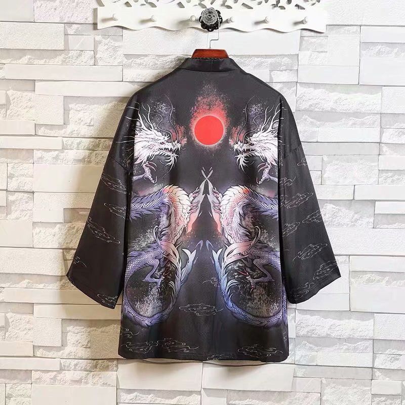 Double Dragon Taoist Robemen's wear improvement Hanfu Chinese style summer Thin Tang costume Chaopai Short sleeve Taoist Robe Cape Xianqi Retro Sunscreen