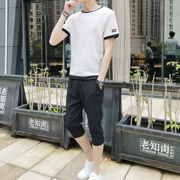 Mùa hè ngắn tay áo thun lụa băng tay phù hợp với nam phiên bản Hàn Quốc của xu hướng quần bảy quần âu cỡ lớn quần áo mùa hè nam mỏng - Bộ đồ