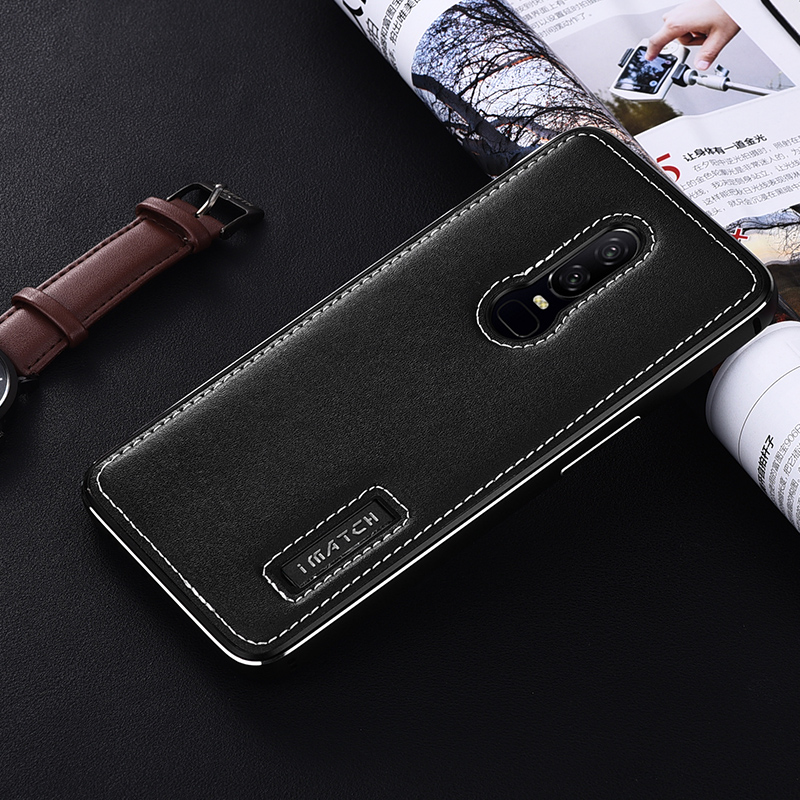 iMatch Luxury Aluminum Metal Bumper Premium Genuine Leather Back Cover Case for OnePlus 6