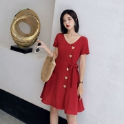 ◆ yang momo ◆ v- cổ đầm eo cao với màu đỏ xù tim máy thiết kế váy cảm giác một váy váy