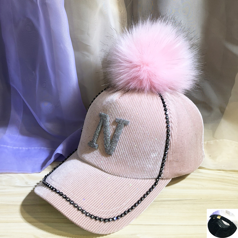 Medium PinkHat female original rhinestone M peaked cap Korean version tide Versatile Spring and Autumn keep warm Hairball student street Baseball cap