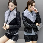 2018 thu đông mới áo khoác da ngắn dày dày thời trang Hàn Quốc Slim hoang dã thực sự cổ áo lông thú giặt pu da nữ