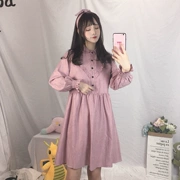 2018 mùa thu mới của phụ nữ Nhật Bản lỏng bằng gỗ tai dài đèn lồng dài tay áo Một từ dress + cá tính ribbon