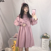 2018 mùa thu mới của phụ nữ Nhật Bản lỏng bằng gỗ tai dài đèn lồng dài tay áo Một từ dress + cá tính ribbon váy sơ mi