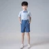 Đẹp trai ăn mặc mùa hè bộ đồ nhỏ phù hợp với cậu bé dẫn chương trình catwalk Trang phục trẻ em của Anh váy hoa cô gái thời trang trẻ em nam Trang phục
