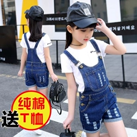 Cô gái bib denim phù hợp với 2018 mới lớn trinh nữ 12-15 tuổi trẻ em Hàn Quốc mùa hè bông ngắn tay áo shop quần áo trẻ em đẹp