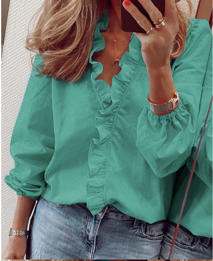 Greenwish Express Express ebay Spring and summer European style new pattern Long sleeve Ruffles shirt Women shirt