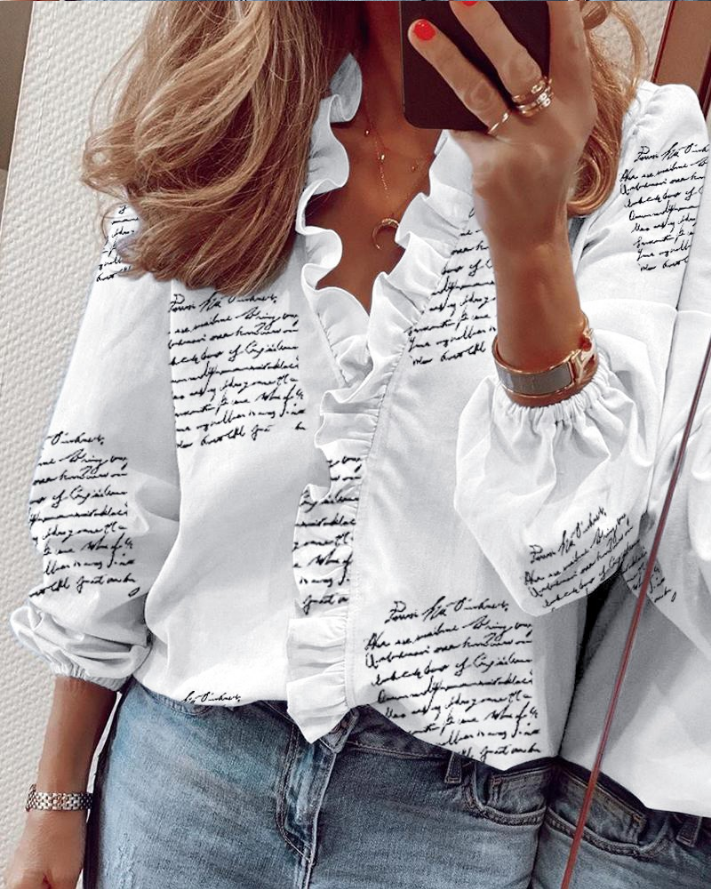 Letteringwish Express Express ebay Spring and summer European style new pattern Long sleeve Ruffles shirt Women shirt