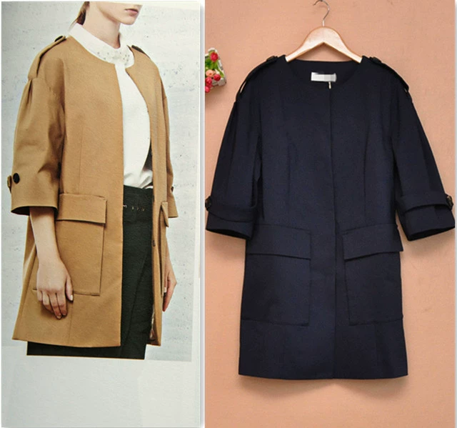 Tủ rút tiền của phụ nữ mùa xuân và mùa thu giữa chiều dài 3/4 tay áo cổ tròn phù hiệu lỏng lẻo Quần áo nữ Hàn Quốc - Trench Coat