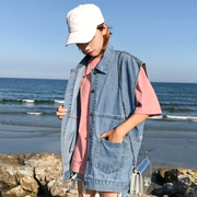 2018 mùa hè mới đa năng ve áo đơn ngực vá túi lỏng phần dài denim sinh viên vest phụ nữ Hàn Quốc quần áo