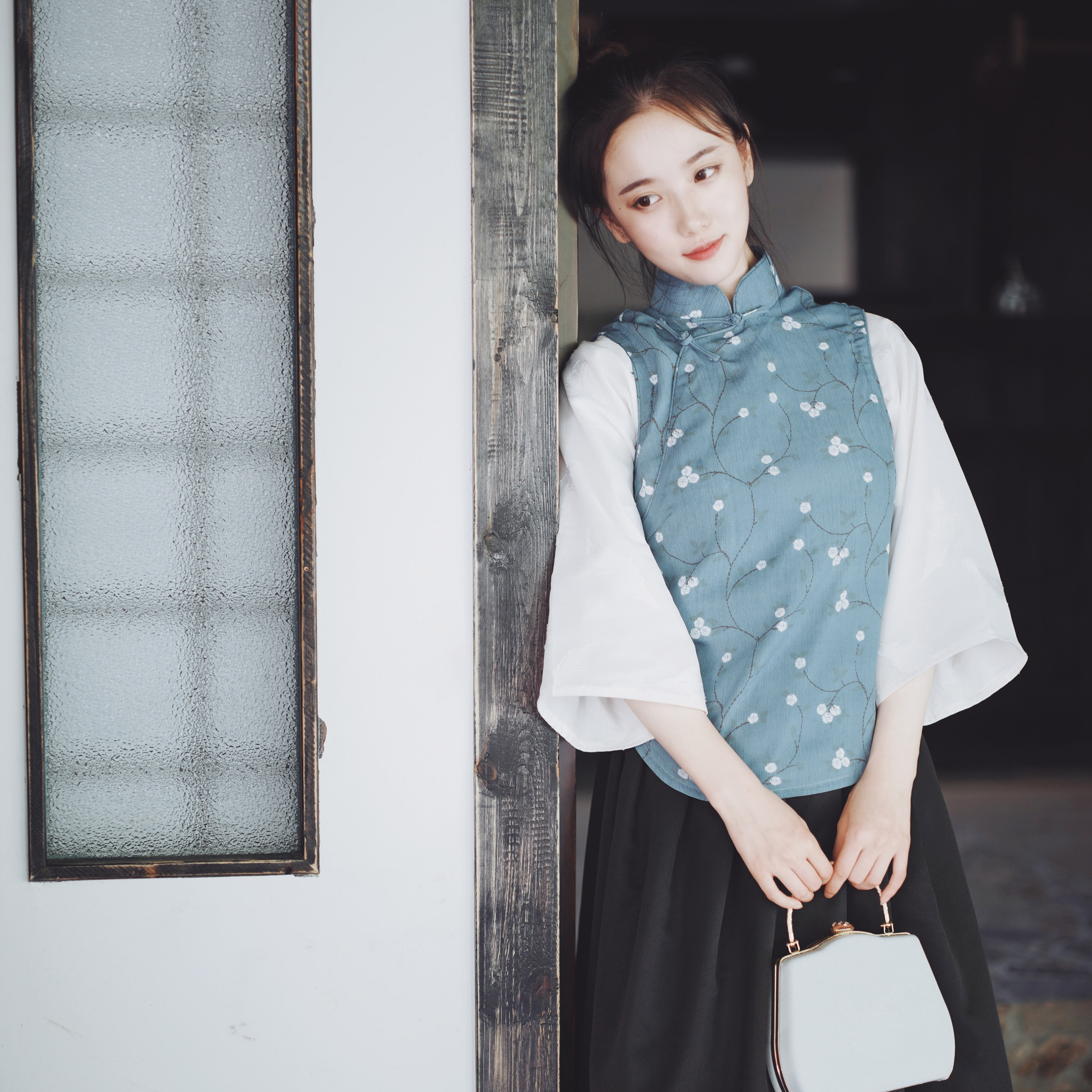 赏味原创设计马甲秋季旗袍民国倒大袖比甲短衫斜襟套装浅枝