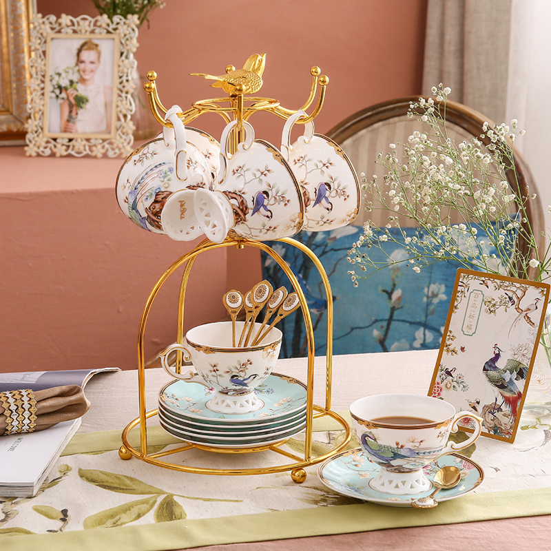 Blue 6 Cup Dishspoon + Bird Rack & Express PackageNew Chinese style Chinese style National tide coffee cup suit British style Small luxurious ceramics household good-looking afternoon tea tea set