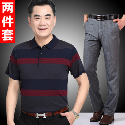 Bố phù hợp với mùa hè 40-50 trung niên 60 tuổi 70 mùa hè hai mảnh phù hợp với người đàn ông trung niên của ngắn tay T-Shirt Áo phông ngắn