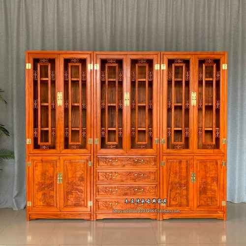 Новая китайская комбинация книжных шкафов Полный Камхору Деревянный шкаф книжного шкафа и каркас с большой пропускной способностью Два вырезанного дисплея со стеклом