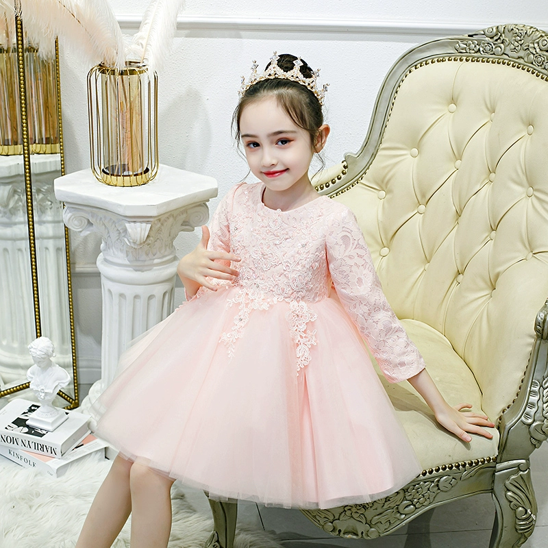 Đầm trẻ em dài tay chủ nhà nhỏ pompon sợi phương tây trang phục mùa thu và mùa đông ngắn màu hồng hoa cô gái váy công chúa - Váy trẻ em