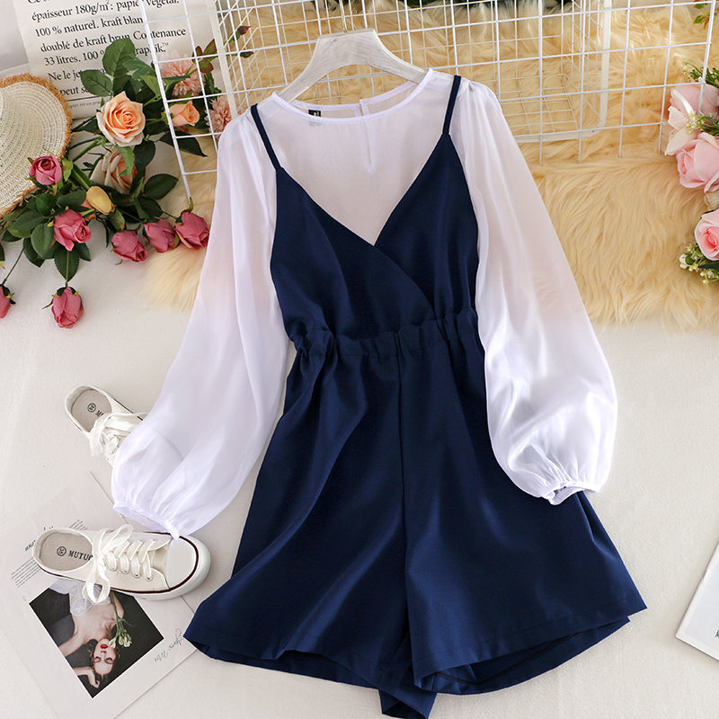Dark Bluea35 rompers suit summer bishop sleeve Chiffon shirt + Foreign style age Korean version camisole Jumpsuits Two piece set 647