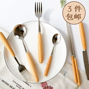 [3 miếng] Bộ đồ ăn bằng gỗ kiểu Nhật tay cầm bằng thép không gỉ muỗng Bộ đồ ăn gia đình bằng gỗ cán đũa nĩa trái cây - Đồ ăn tối
