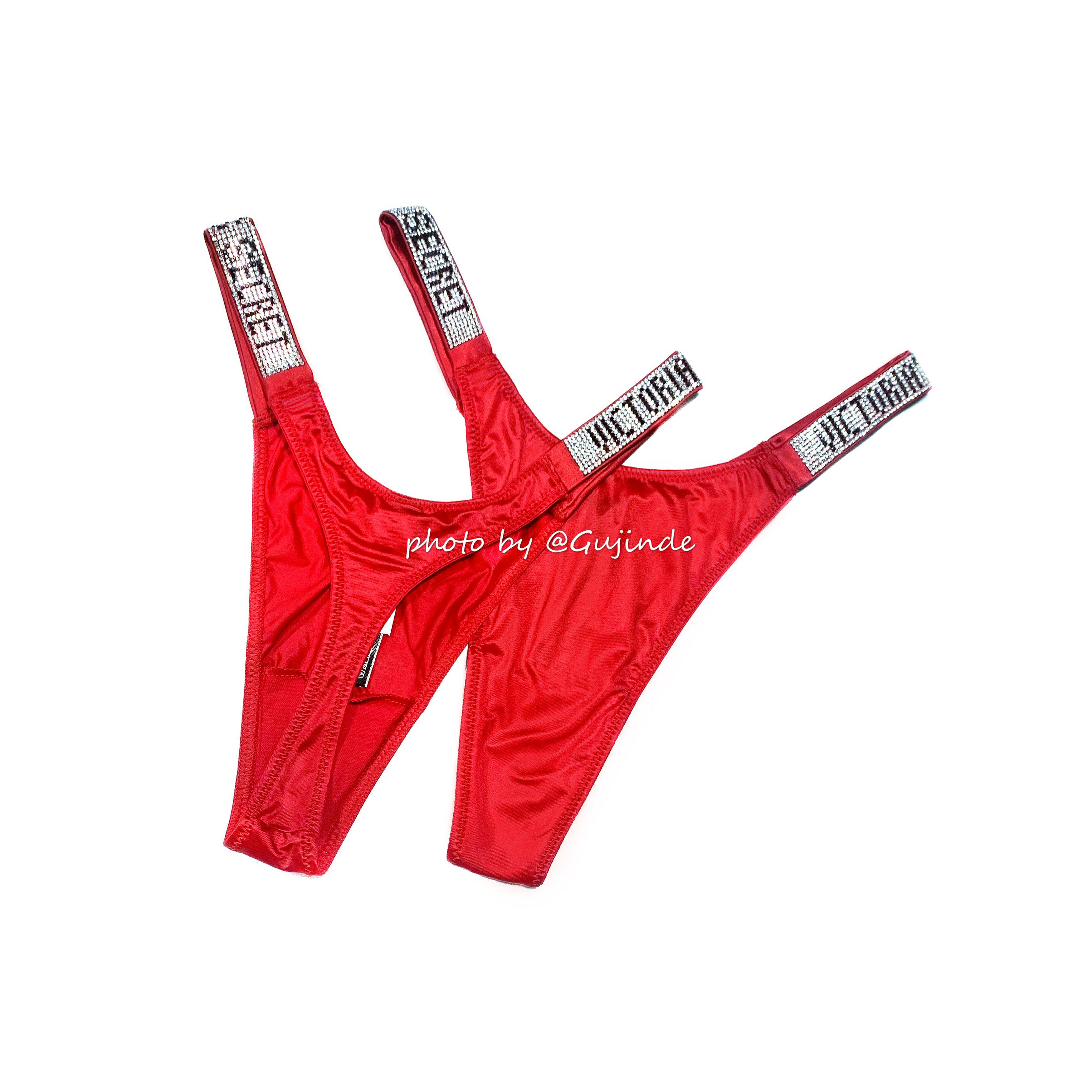 86Q4 - Lip RedAll love drill pants rhinestone sexy T-back Victoria's Secret Broken drill Letter drill T-back Yang Mi Same