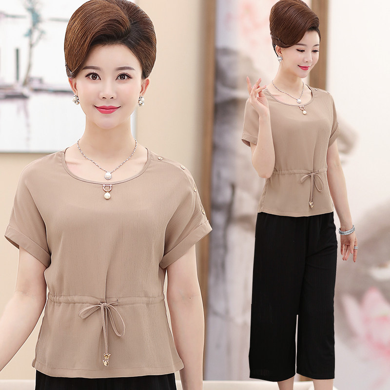 Mẹ mùa hè phù hợp với 40-50 tuổi trung niên của phụ nữ ngắn tay T-Shirt hai mảnh kích thước lớn của phụ nữ ngày của mẹ quần áo