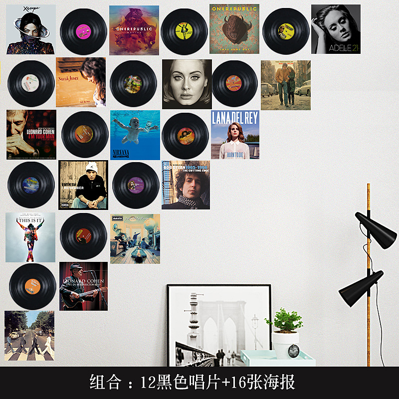 12 Records + 16 PostersVinyl record poster Wall decoration loft Industrial wind Retro shop bar cafe personality background Wall decoration