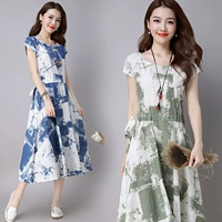 Mùa hè Hàn Quốc phiên bản của bông retro và in ấn vải lanh với đàn hồi eo ngắn tay áo swing lớn váy Một chiếc váy từ đã mỏng trong chiếc váy dài váy chữ a ngắn