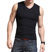 Của nam giới cotton màu đen rộng vai cắt thêu kích thước lớn vest vest không tay T-Shirt nam mới đàn hồi đáy áo sơ mi